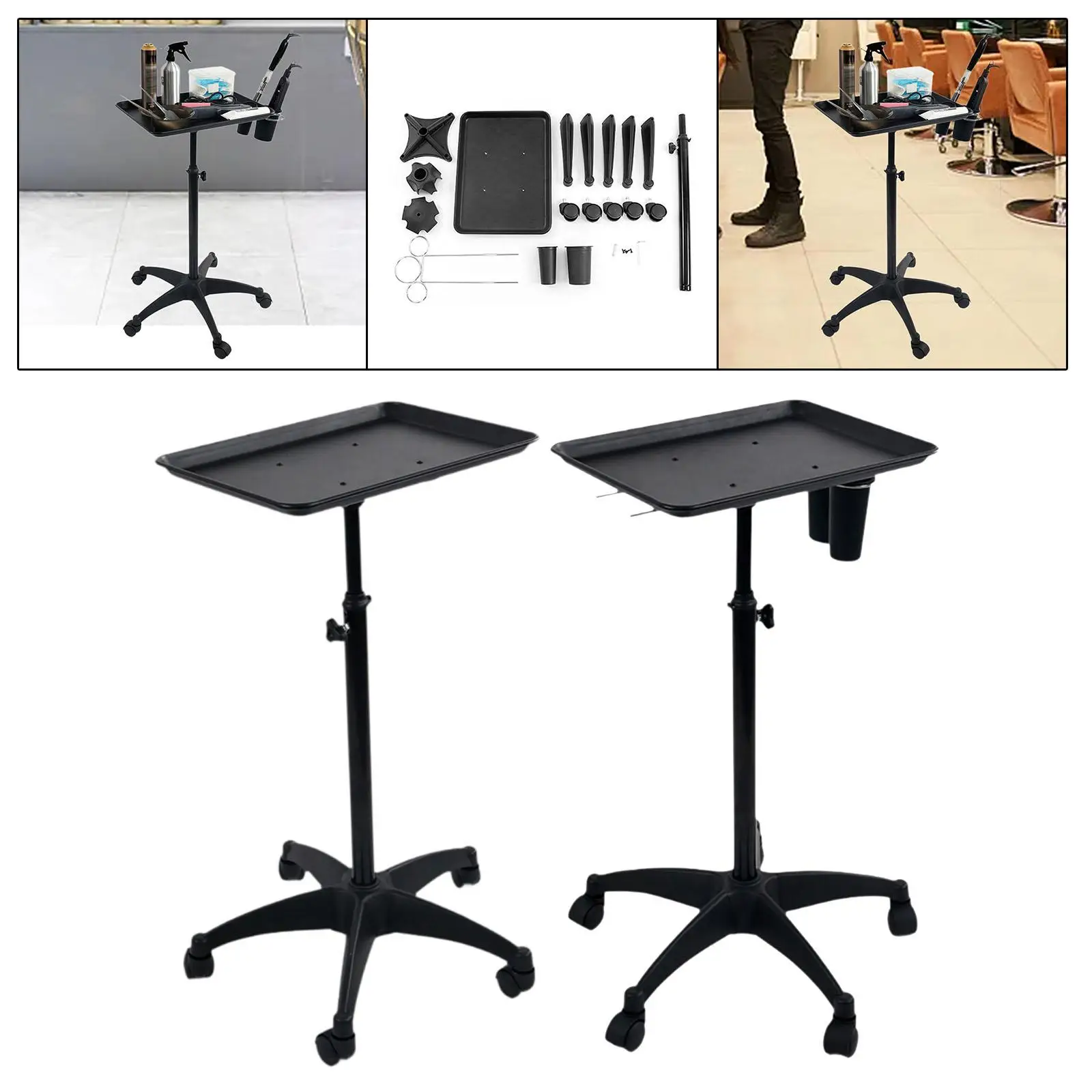 Adjustable Steel Barbershop Tray Cart Salon Trolley with 360 Degree Wheels for Hair Stylist Tool Storage Beauty Equipment