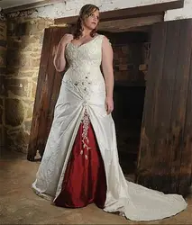 Vestido de novia de satén de línea A Vintage, vestidos de novia de color marfil y rojo oscuro, apliques de encaje con cuello en V, corsé, vestido de novia personalizado