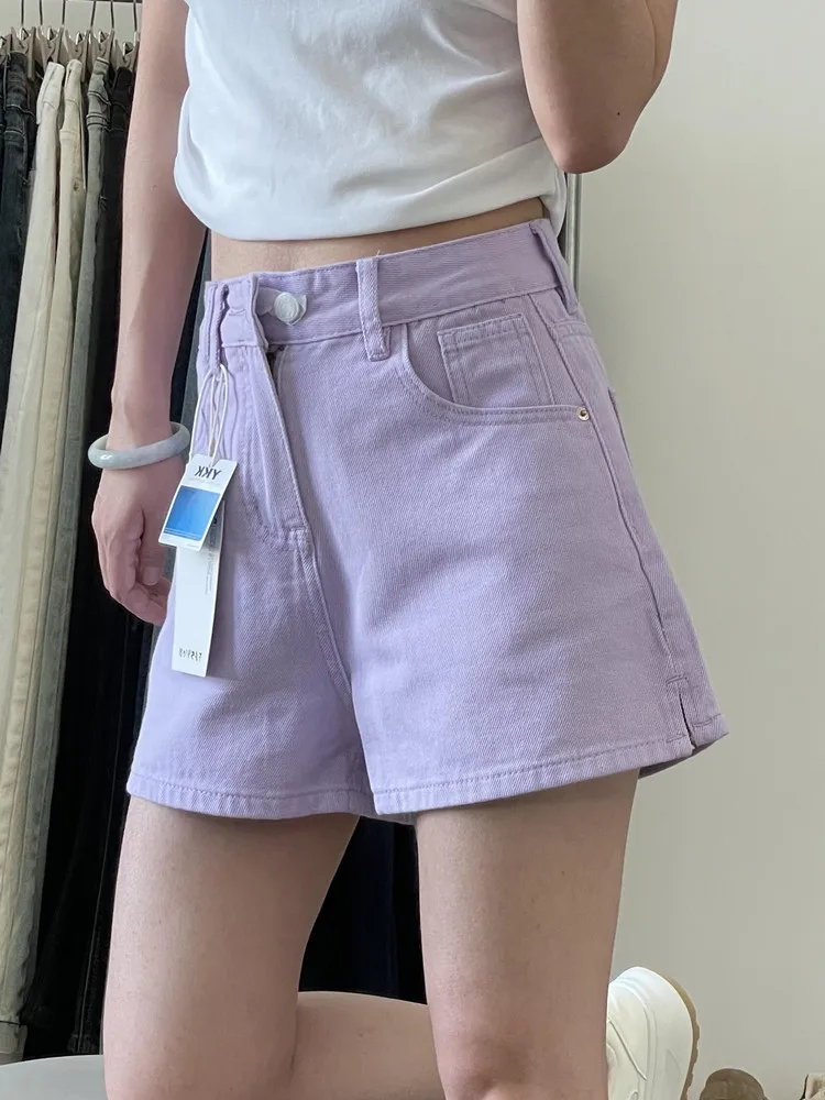 

Summer Dopamine High Waisted Jean Shorts Woman Harajuk Korean Fashion Casual Purple A-line Denim Short Mujer