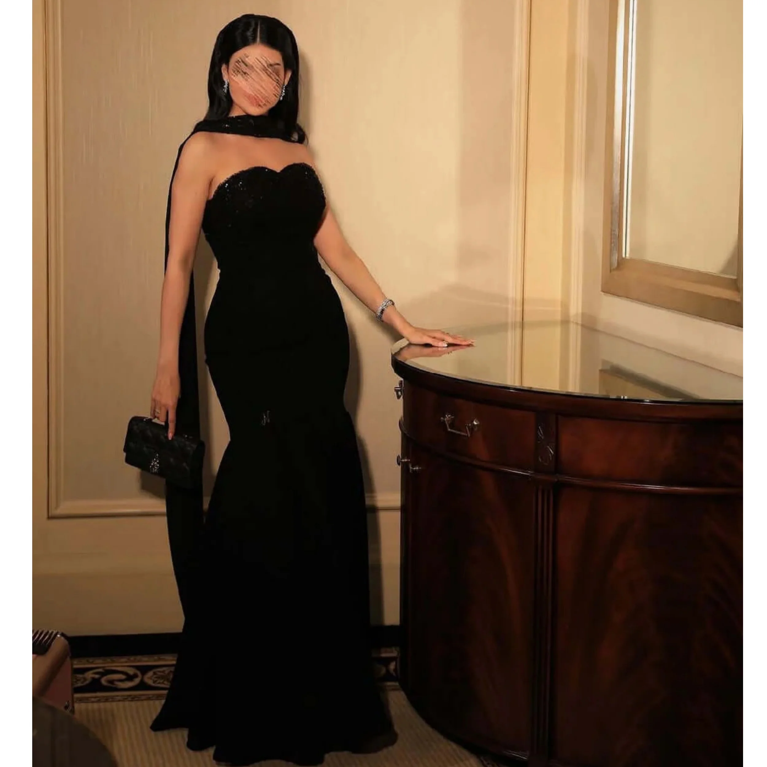 

Simple Black Mermaid Evening Dress Customized Sweetheart Tulle Formal Prom Party Gowns Arabic Floor Length Vestidos de Novia