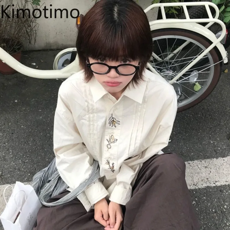 

Kimotimo Embroidery Flower Shirts Women 2025 Spring Casual Long Sleeve Thin Tops Japanese Vintage Loose Pleated Design Blouse