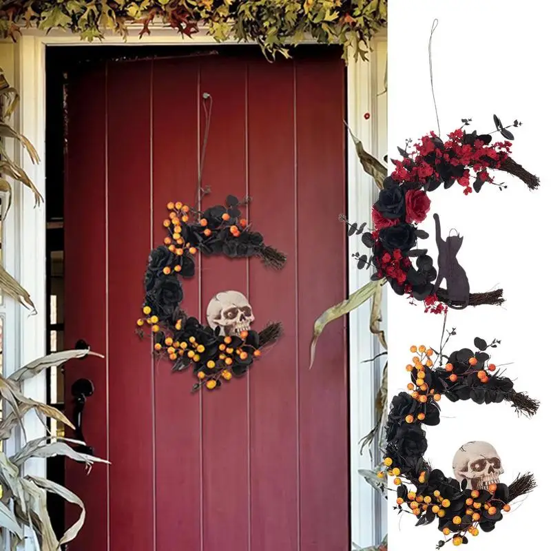 Halloween Skull Wreath Artificial Rose Door Wreath For Halloween Gothic Black Cat Romance Seasonal Decor With Lanyard For Living