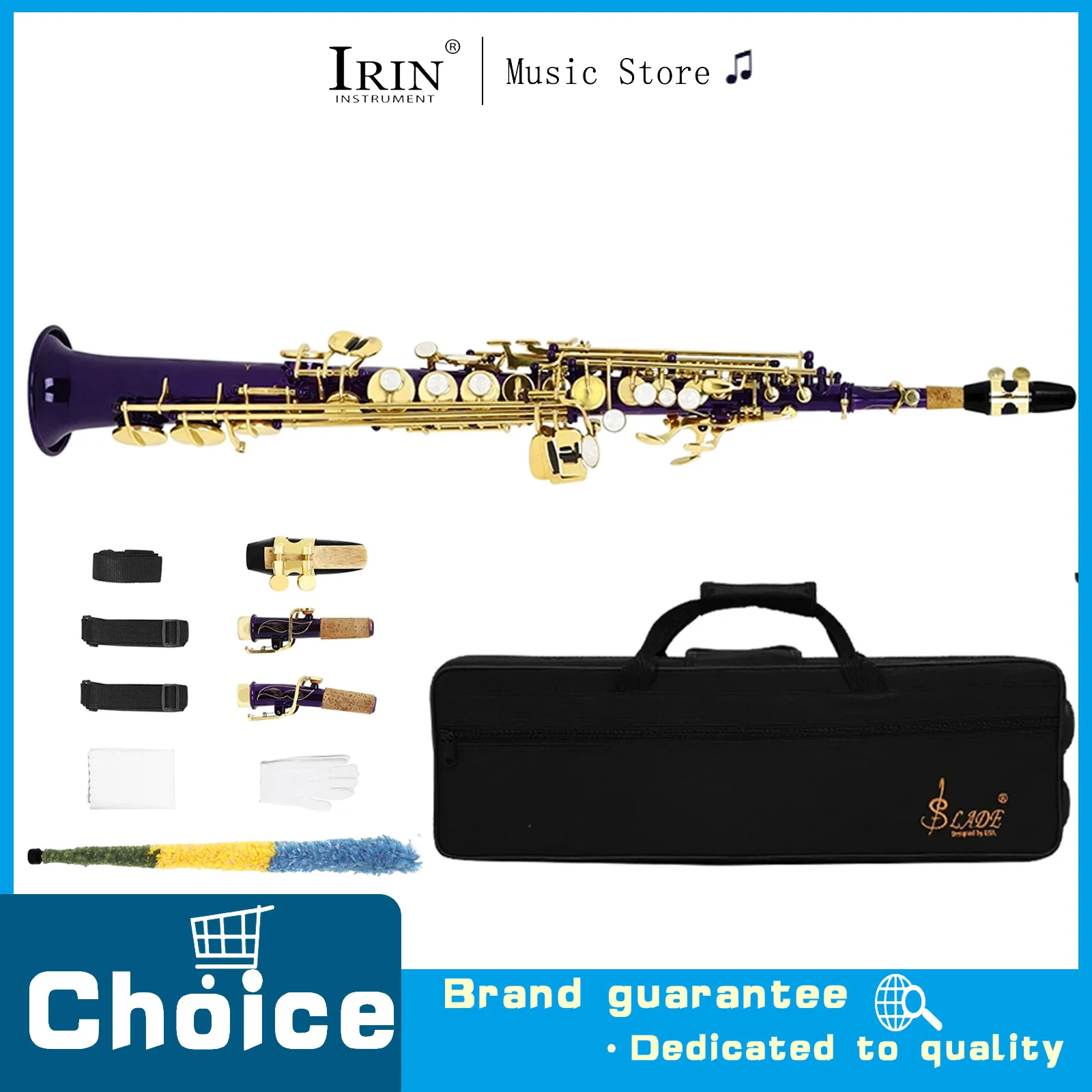 Soprano Saxophone Straight Sax B-flat Brass Body Carved Professional Woodwind Instrument with Accessories&Parts