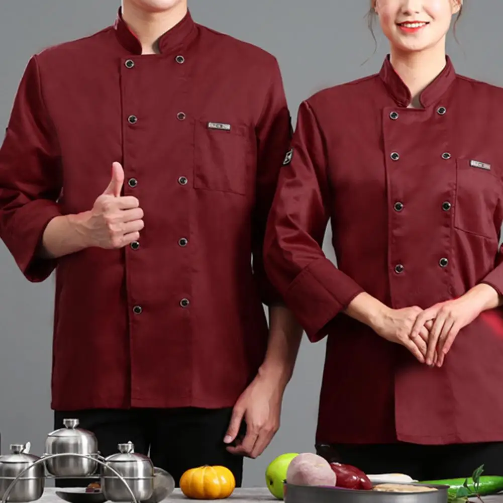 Unisex koksshirt kokskleding chef-kok top effen kleur zak lange mouw lichtgewicht double-breasted catering knoppen koksshirt