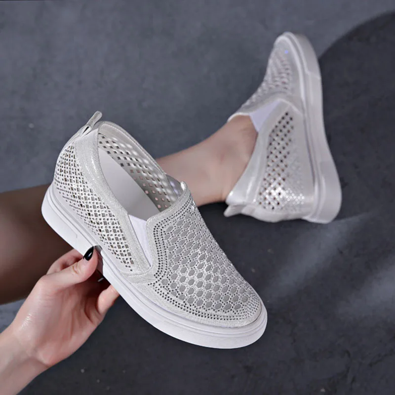 XMWRLW Women Spring Summer Loafers Fashion Rhinestone Shoes For Women Breathable Mesh Loafers Hidden Heel Ladies Summer Loafer