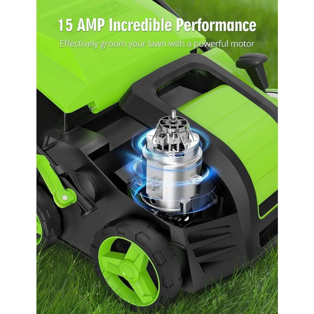 16-Inch 15 Amp Lawn Dethatcher with 5-Position Depth Control and 14.5 Gallon Removable Thatch Collection System for Efficient Ya