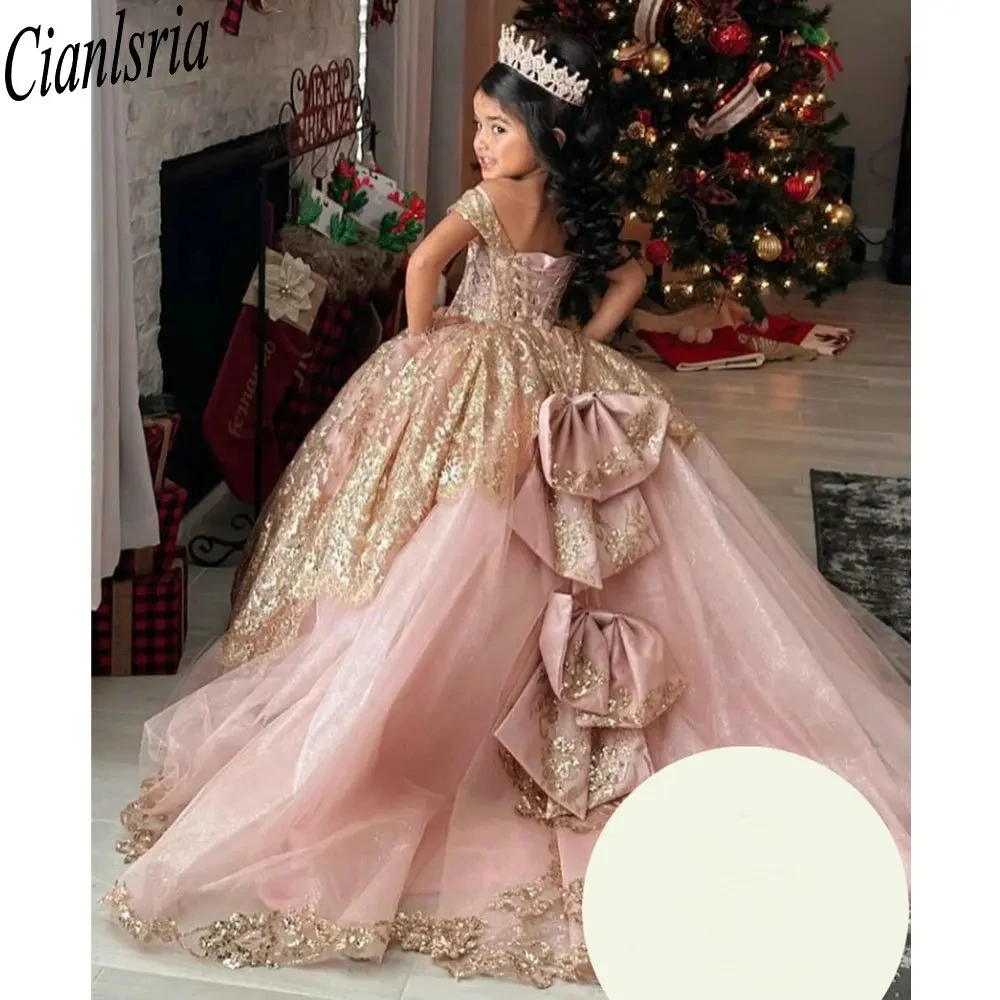 Rose Gold Small Girl Ball Gown Quinceanera Dresses Off The Shoulder Sequined Appliques Ruffles Bow Sweet 15 Vestidos De XV Años