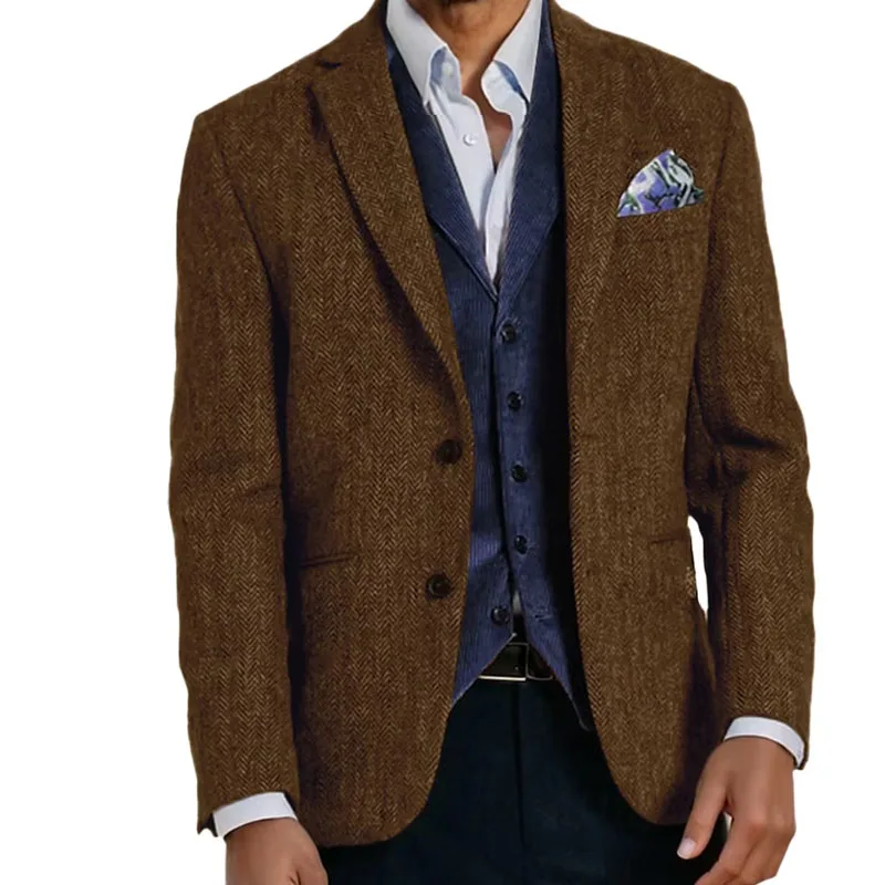 ブラウンヘリンボーンツイードカジュアルメンズスーツ 冬の結婚式用グルームズマンタキシード男性用セットジャケット 2025年新作ファッション