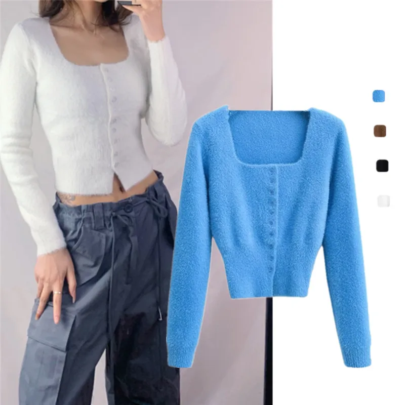 

Вязаный свитер на пуговицах в американском стиле ретро с высокой талией Plu для похудения, укороченный топ с квадратным воротником, открытый кардиган Street Sle Pure...