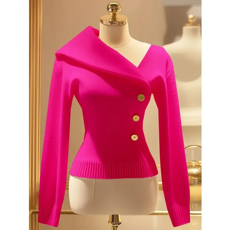 High-end Turn Down Collar Asymmetric Jacket Autumn Winter Knitted Coats Women Slim Sweater Design Tops Long Sleeve Coat Trend