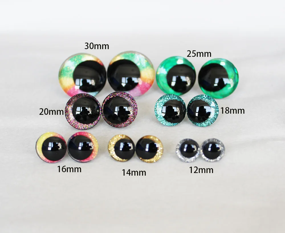 3D Glitter Toy Eyes with Hard Washer, Olhos de Pupila, 12 Cores, 12mm, 14mm, 16mm, 18mm, 20mm, 25mm, 30mm, Novo Cômico, 100Pcs