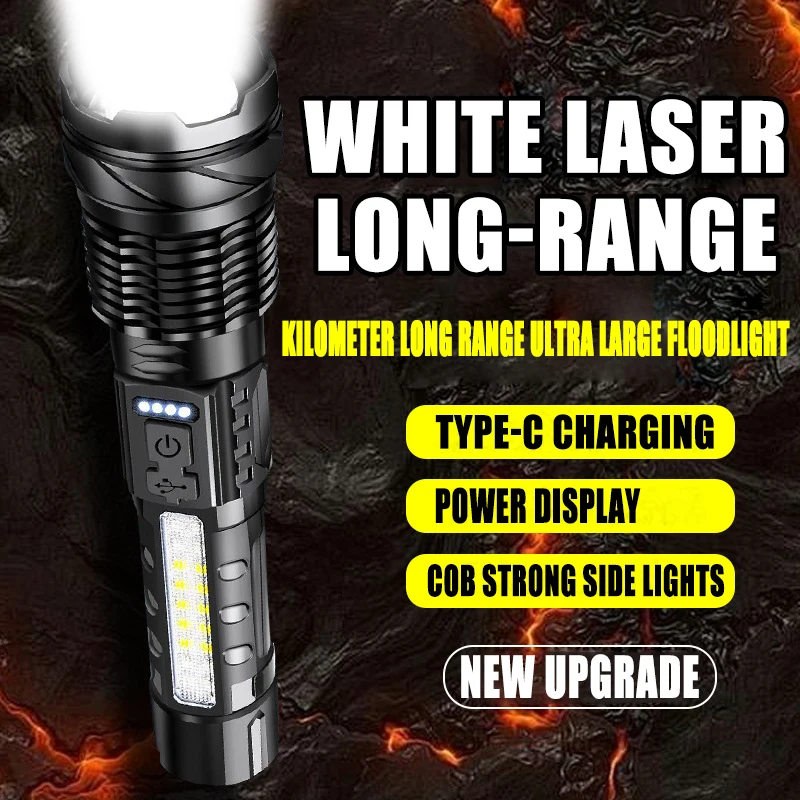 White Laser LED Telescopic Zoom Strong Light Flashlight for Home and Outdoor Long-range Red Blue Warning Side Lights Flashlight