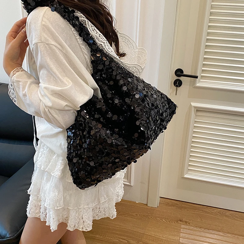 

Легкие роскошные сумки на плечо с блестками для женщин, модные универсальные квадратные сумки большой вместимости, летняя дорожная сумка-тоут на молнии