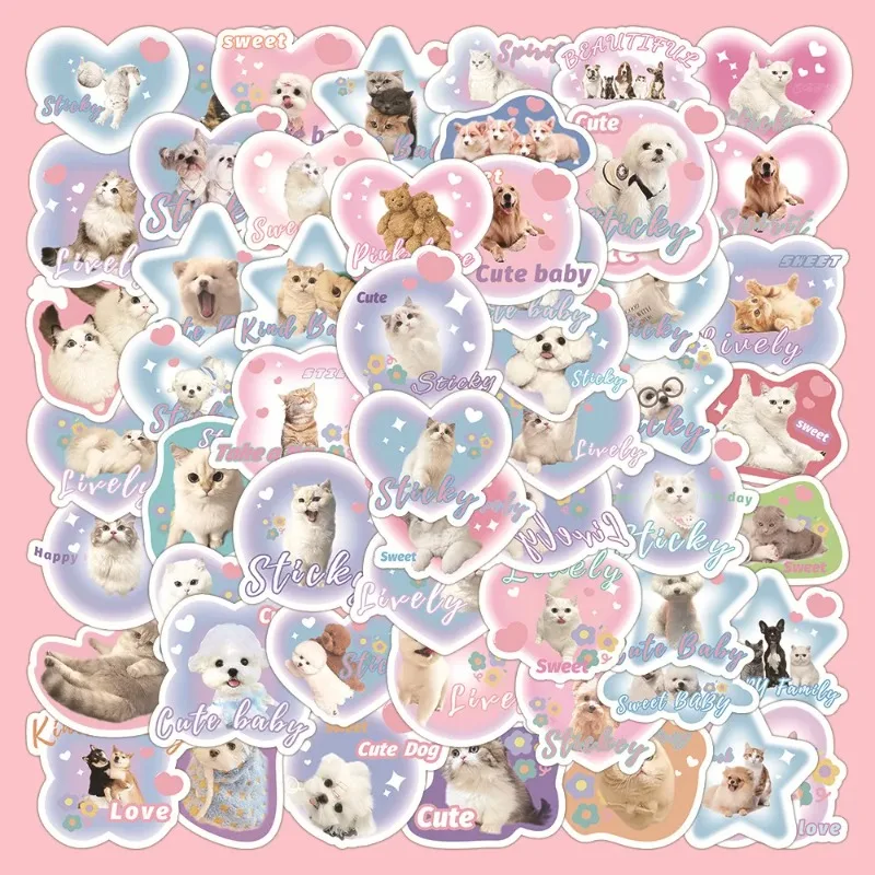 60sheet Cartoon Cat Puppy Sticker for Studet Real Shot American Style Kitten Dog Scrapbook Sticker DIY Decor Journal Sticker