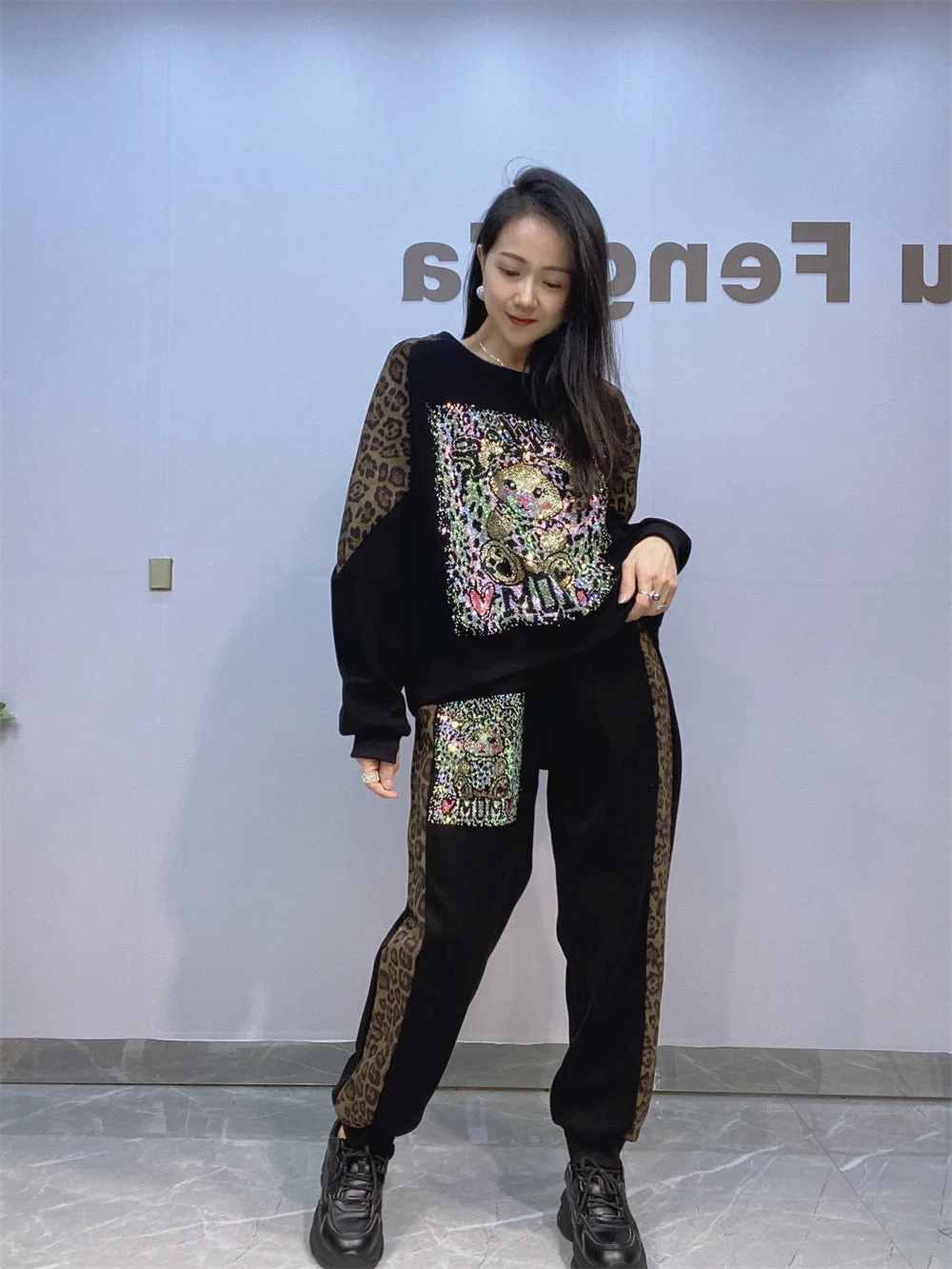 2PCS Patchwork Glitter Sequins Long Set For Women Casual Suit 2PCS Casual Sets Clothes Diamond O-Neck Sets For Teensage