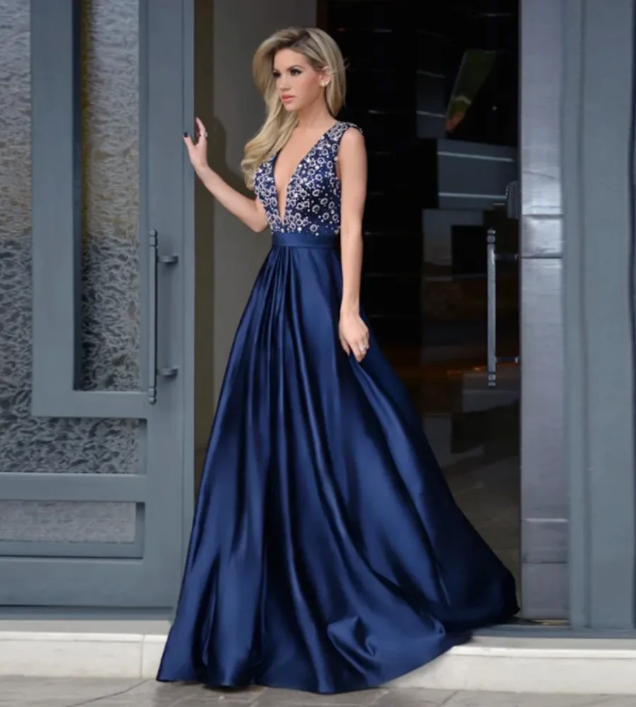 Vestido de graduación azul con manchas, elegante, largo hasta el suelo, sin mangas, 2023, Espalda descubierta, lentejuelas, cuentas de cristal, Formal, para fiesta