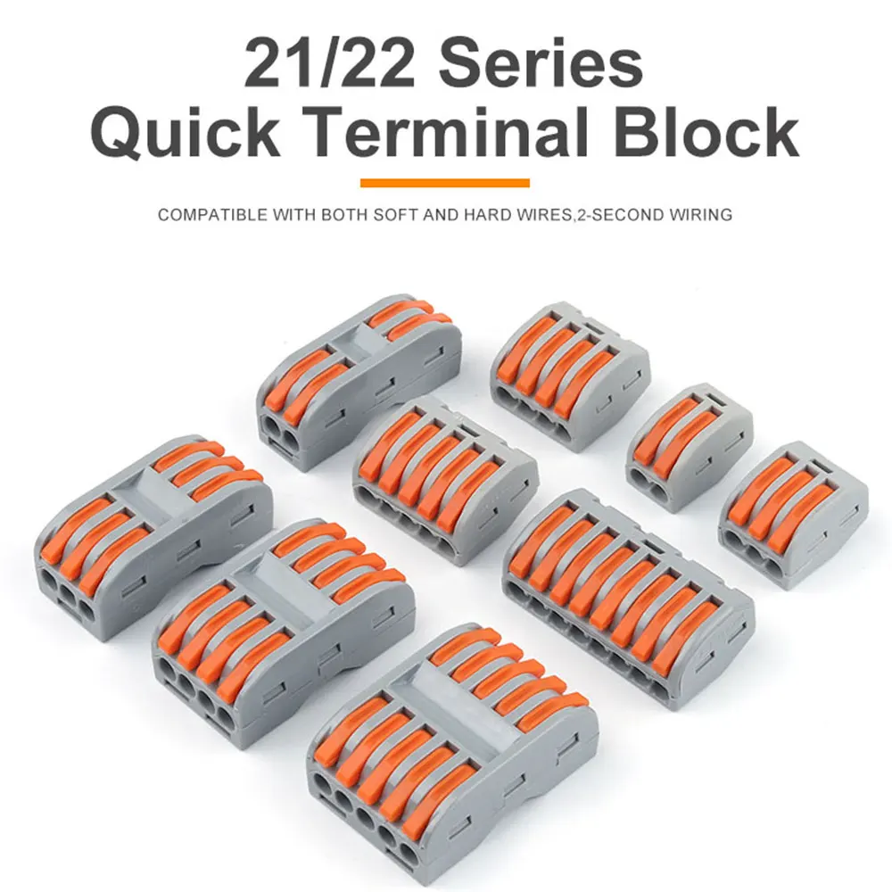 50PCS 21/22 Series Compact Cable Wire Conductor Connector 2/3/4/5/8 Ports Universal Fast Push-in Terminal Block 0.08-2.5(4.0)mm2