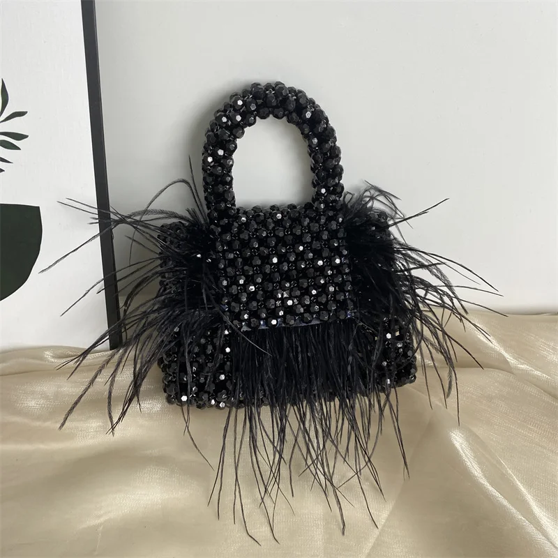 Add Feather Customized Party Dinner Bag Fashion Handmade Acrylic Woven Flap Women\'s Shoulder Bags Summer Senior Handbag Small