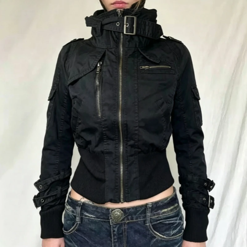 Retro Vintage Punk Women Hooded Zip Sweat Overcoat Stand Collar Safari Outer Jacket Y2k Grunge Street Fashion Casual Outerwear