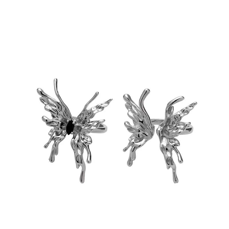 Punk Irregular Butterfly Rings for Women Liquid Metal Butterfly Earring Aesthetic Egirl Gothic Insect Open Rings Jewelry Anillos