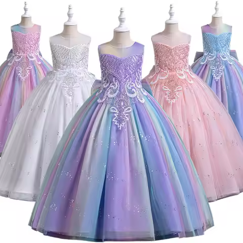 Pageant Young Girls Shiny Fluffy Rainbow Formal Dress Children's Long Wedding Evening Gala Elegant Party Performance Clothing