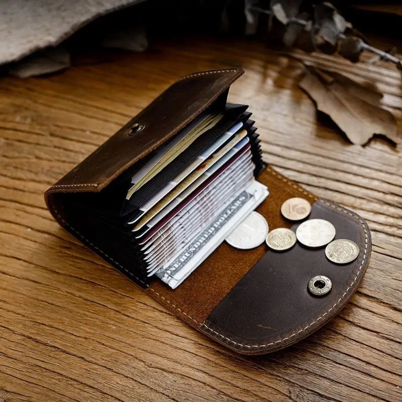 Vintage Top Grain Leather Card Holder, Crazy Horse Leather Large Capacity All In One Ins Style Men Card Wallet Pocket Accessory