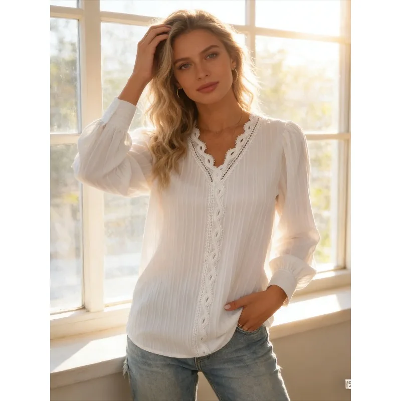 

Сплошной цвет, повседневные кружевные рубашки с v-образным вырезом, свободный крой, элегантные рубашки, весенне-осенняя модная новая пуловерная блузка с длинными рукавами для женщин
