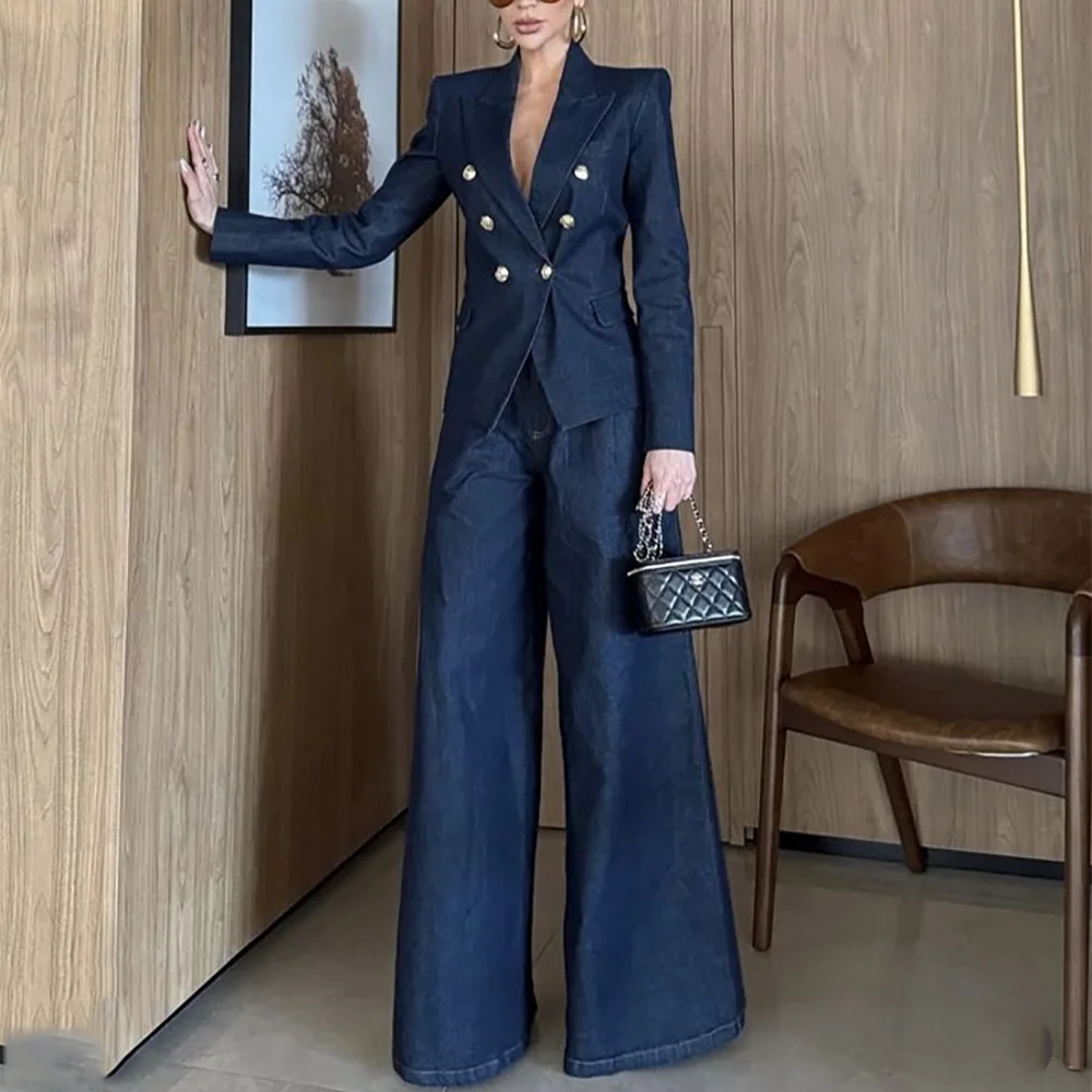 Dark Blue Denim Suit Two Pieces For Women Peaked Lapel Double Breasted Fashion Blazer Pants Straight High Quality Outfit