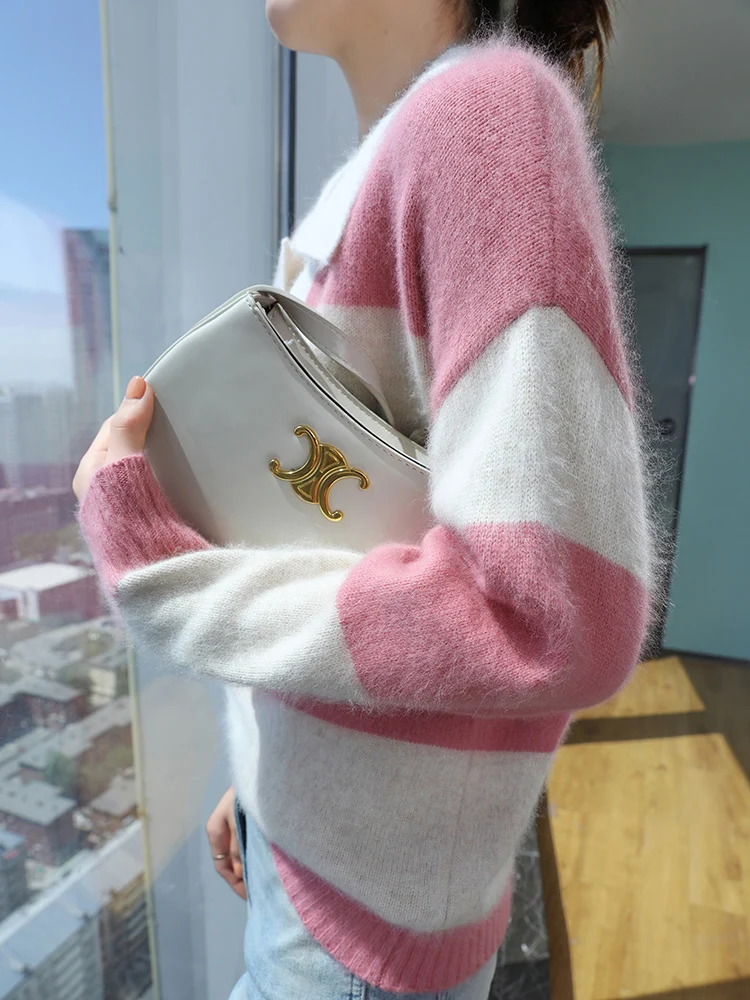 TLOML 신상 여성용 100% 밍크 캐시미어 스웨터 턴다운 칼라 스트라이프 풀오버 캐주얼 가을 겨울 부드럽고 따뜻한 밍크 캐시미어 탑