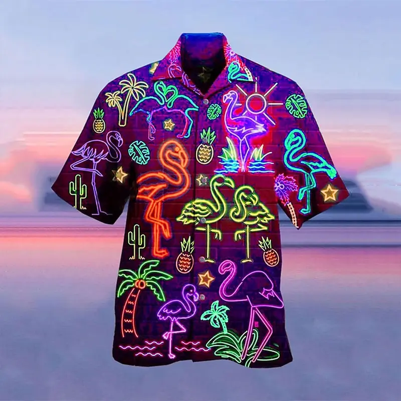 Men\'s shirt Hawaiian shirt camp T-shirt fluorescent 3D printing street casual short-sleeved clothing fashionable casual