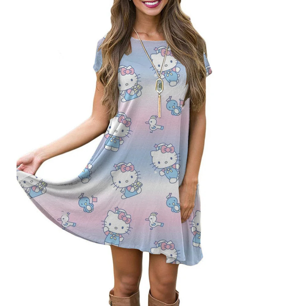 2025 새로운 한국어 스타일 플러스 사이즈 헬로 키티 프린트 티셔츠 여성 여름 루즈핏 배꼽 커버 학생 드레스 ﻿