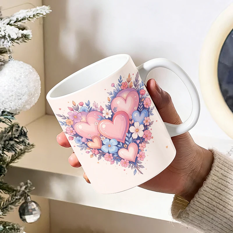 

1pc Pink and Blue Heart Floral Ceramic Cup with Handle, Creative Coffee Cup, Insulated Milk Cup, Office Tea Cup, Fade-Resistant