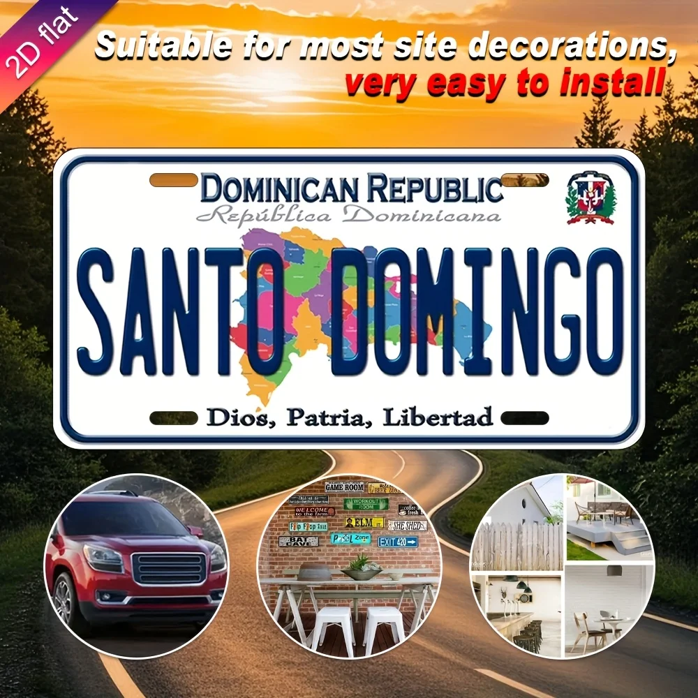 ديكور حائط لوحة ترخيص من الألومنيوم - خريطة سانتو دومينغو مطبوعة بالأشعة فوق البنفسجية وتصميم علم جمهورية الدومينيكان، لوحة معدنية مقاومة للطقس