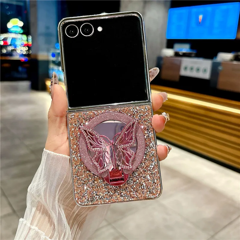 

Bling Butterfly Mirror Makeup Phone Holder Case For Samsung Galaxy Z Flip 7 Flip6 Flip 5 Flip 4 3 Glitter Diamond Plating Cover