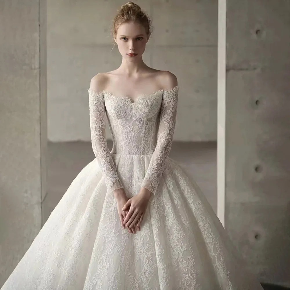 

Сексуальное Кружевное бальное платье с открытыми плечами, вырезом сердечком, длинным рукавом, свадебное платье, индивидуальный пошив, одежда для принцессы, невесты, брака