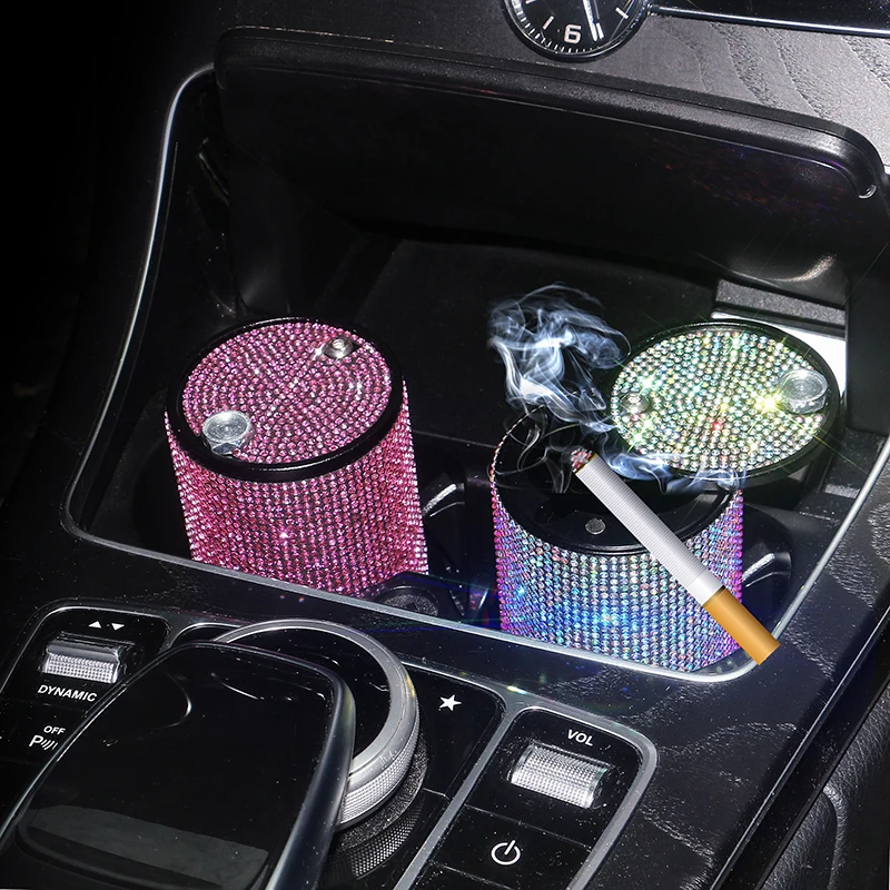 Diamond Car Ashtray Universal Crystal Rhinestone Ash Tray Auto Interior Decor Cigarette Holder Car Accessories for Girls Women