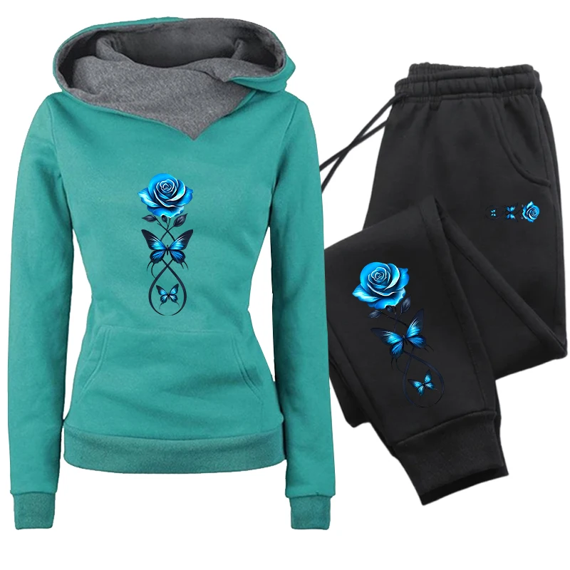 Herbst-Winter Damen Alltags-Sportoutfit, Damen-Set/Hoodie/Hose, Modischer Blumen-Trainingsanzug, Kapuzenpullover, Jogginghose – Detail 5
