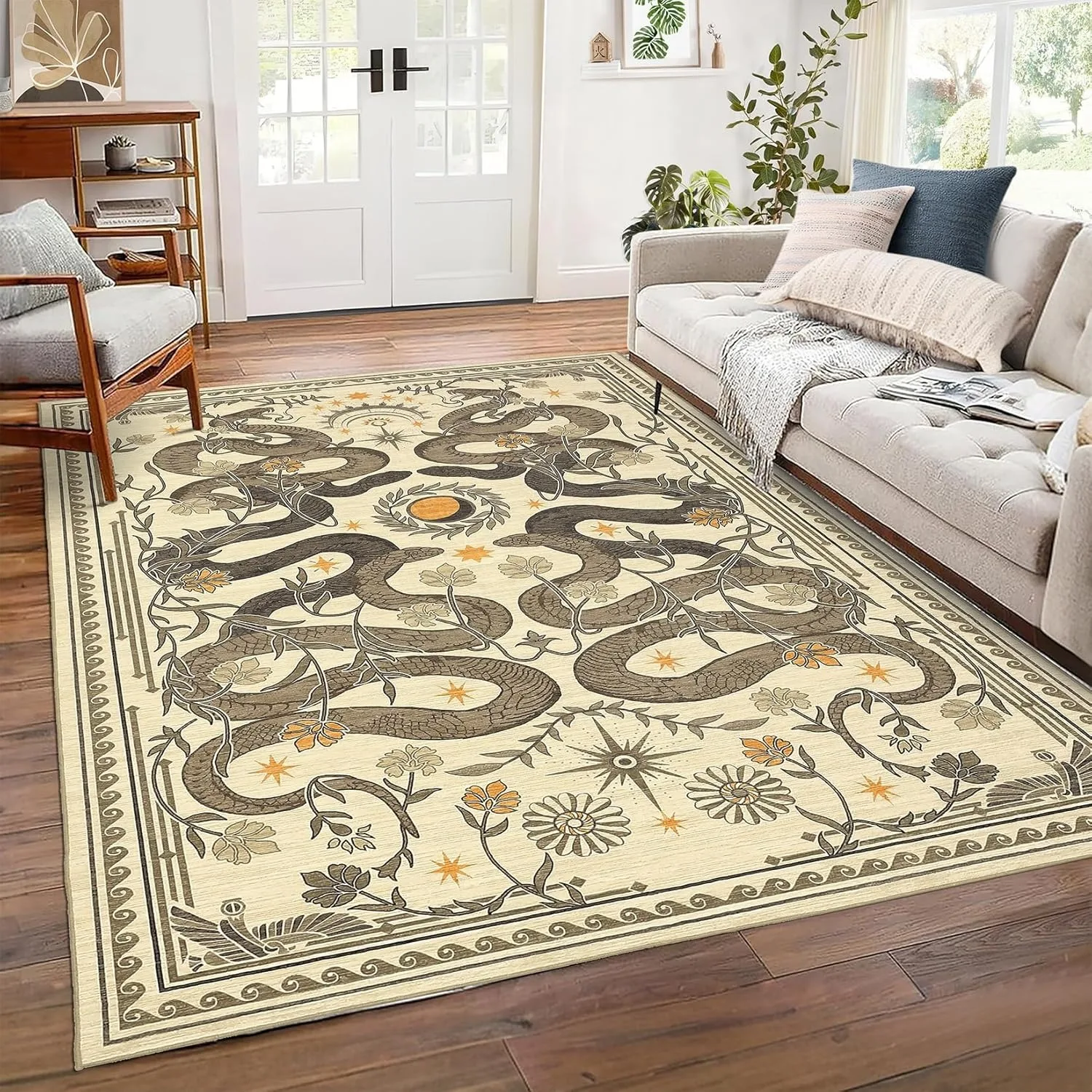 

Green Living Room Carpet Snake Carpets Machine Washable Non-slip Rug Retro Home Decoration Rugs for Bedroom Bedside Floor Mat