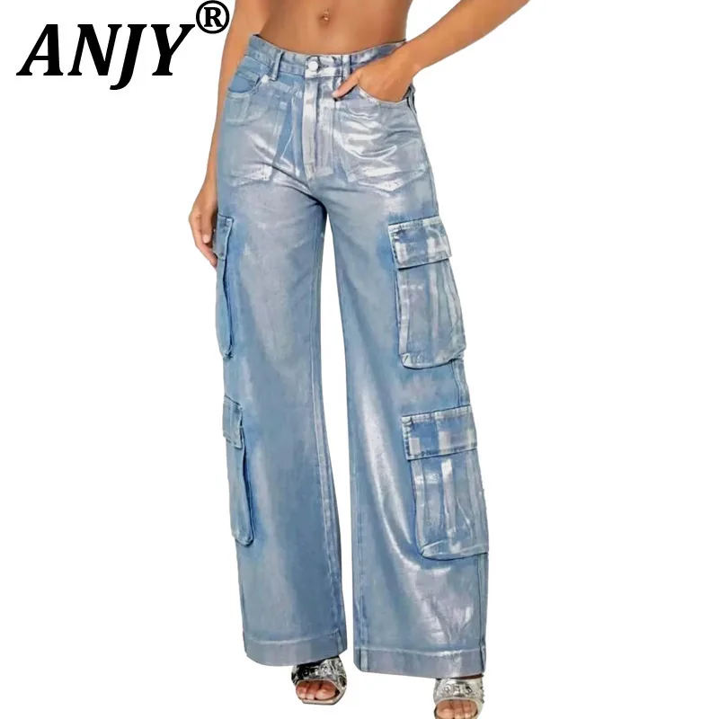 

ANJY Autumn Winter New Women's Fashionable Tide Hot Stamping Jeans Elastic Large Multi Pockets Trend Denim Workwear Pants A11382