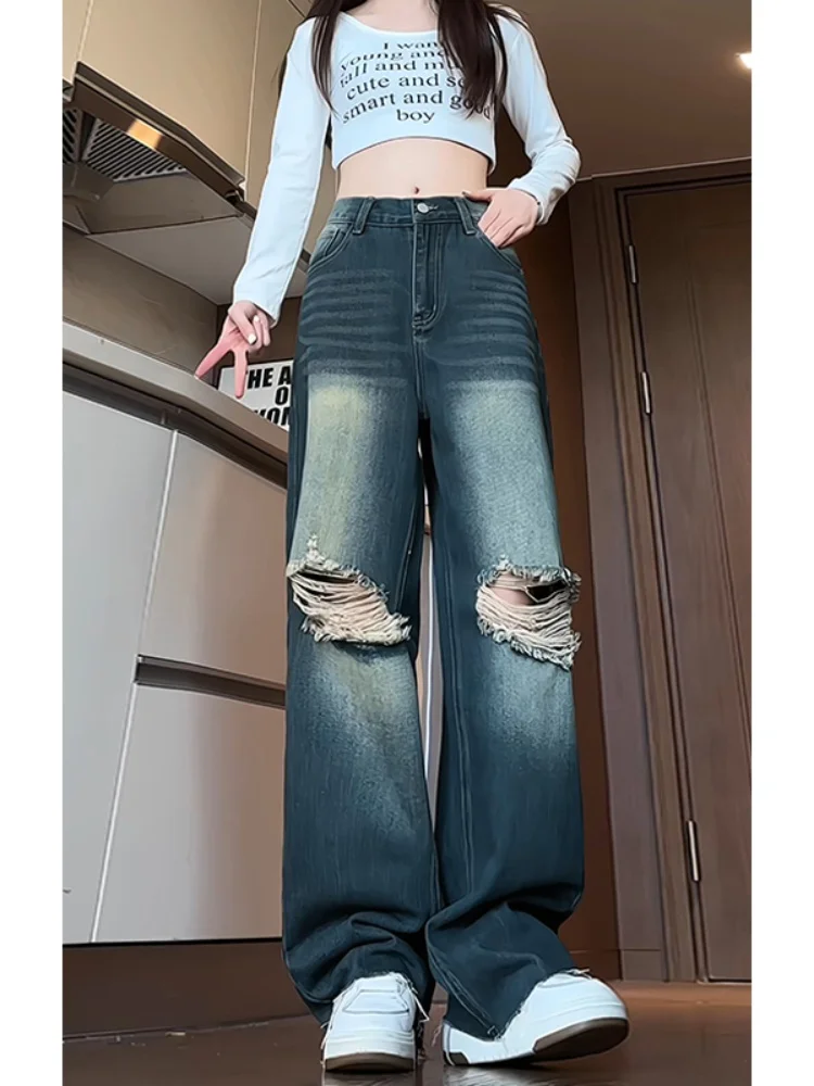 

Мужские джинсы в американском ретро-стиле, новинка осени 2024, модные брендовые винтажные широкие прямые брюки с эффектом потертости, молодежная мода