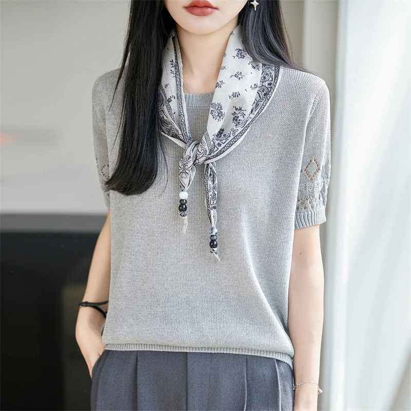 

Новая женская трикотажная футболка с коротким рукавом и круглым вырезом из льна, базовый женский пуловер с коротким рукавом, модная новинка лета 2026 года, хит продаж