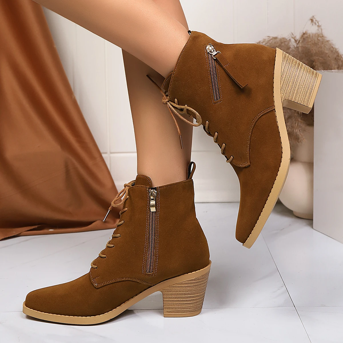 Leather Booties Brown Elegant with Medium Heels Female Short Shoes New Rock Spring 2025 Designer Luxury Sale Women Ankle Boots