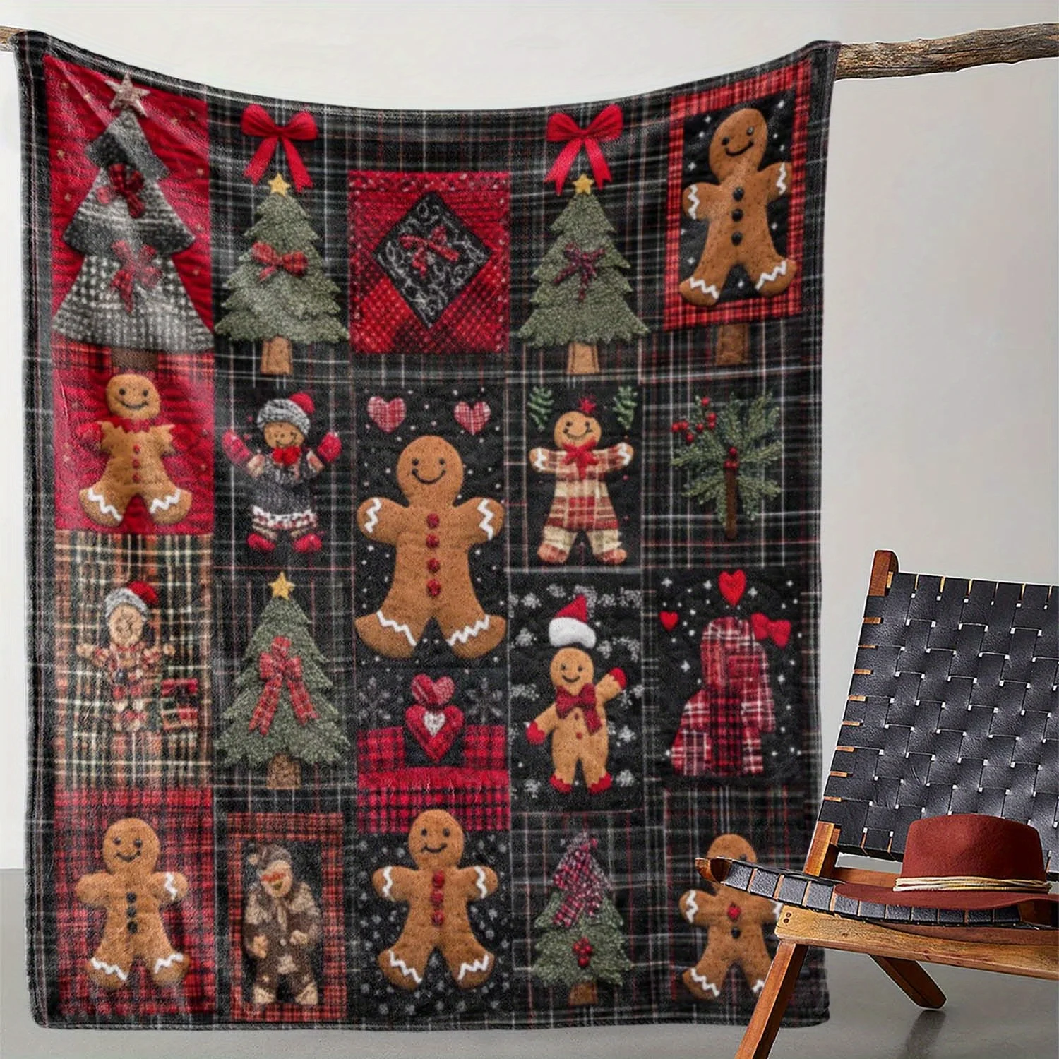 Vintage Winter Christmas Gingerbread Man Christmas Tree Print Blanket Warm, Cozy, and Soft Blanket Suitable for All Seasons