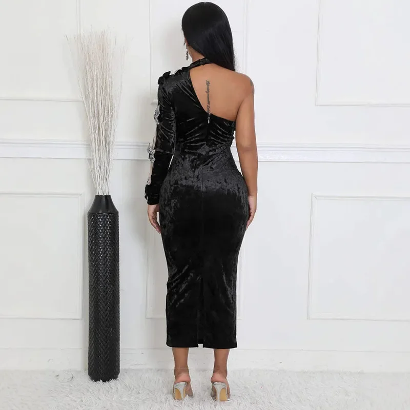 Sexy One Shoulder Velvet Maxi Dress Women Evening Night Club Party Halter Long Sleeve Bow Tie Prom Elegant Long Dresses Gown