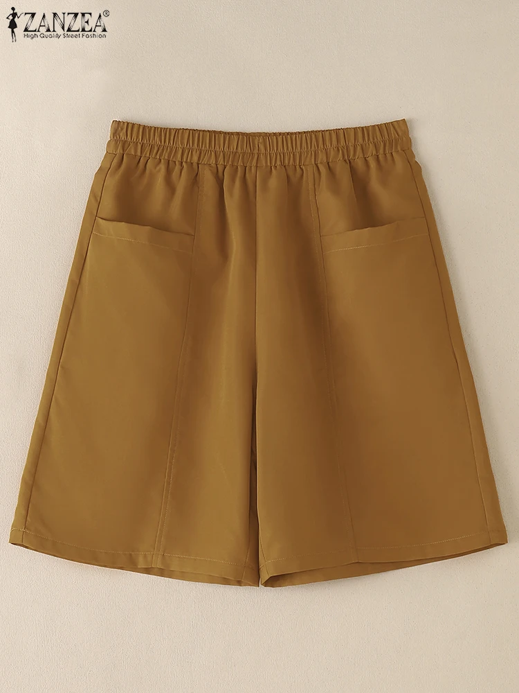 ZANZEA Summer Women Shorts Vintage Solid Color Half Pants 2025 Street Casual Korea Elastic Waist Pockets Short Bottoms Femme