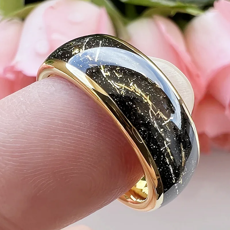 Imitation meteorite inlaid ring polishe anniversary commemoration 8mm men's fashion synthetic golden foil stainless steel ring