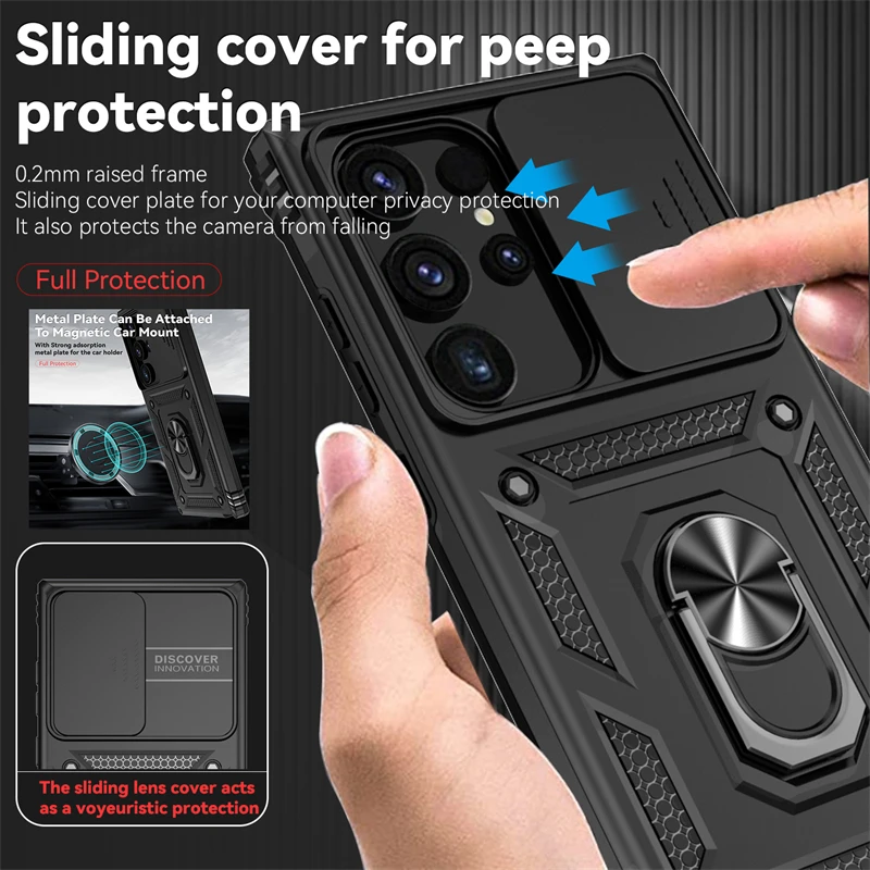 For Samsung Galaxy S24 Ultra Case Slide Lens Armor Phone Case For Samsung S24 + Plus S 24 Ultra Magnetic Ring Holder Back Cover