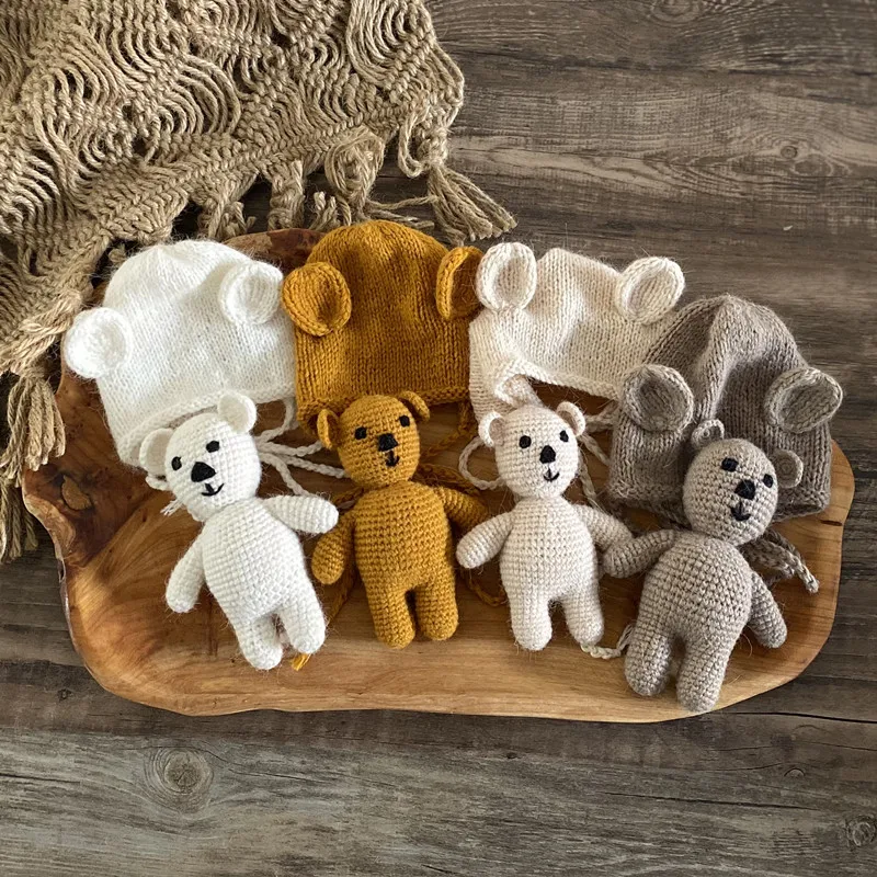 Newborn bear doll photo props accessories hand-knitted hat baby photo studio modeling props