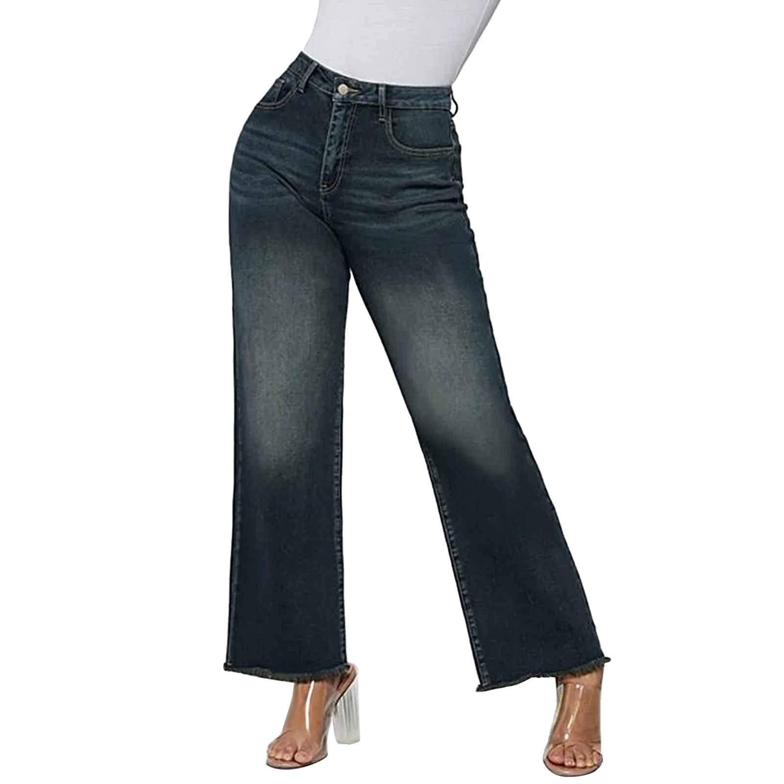 Denim Wide Leg Pants Women Jeans High Waist Washed Vintage Distressed Pockets Streetwear  Straight Ankle Length Trousers