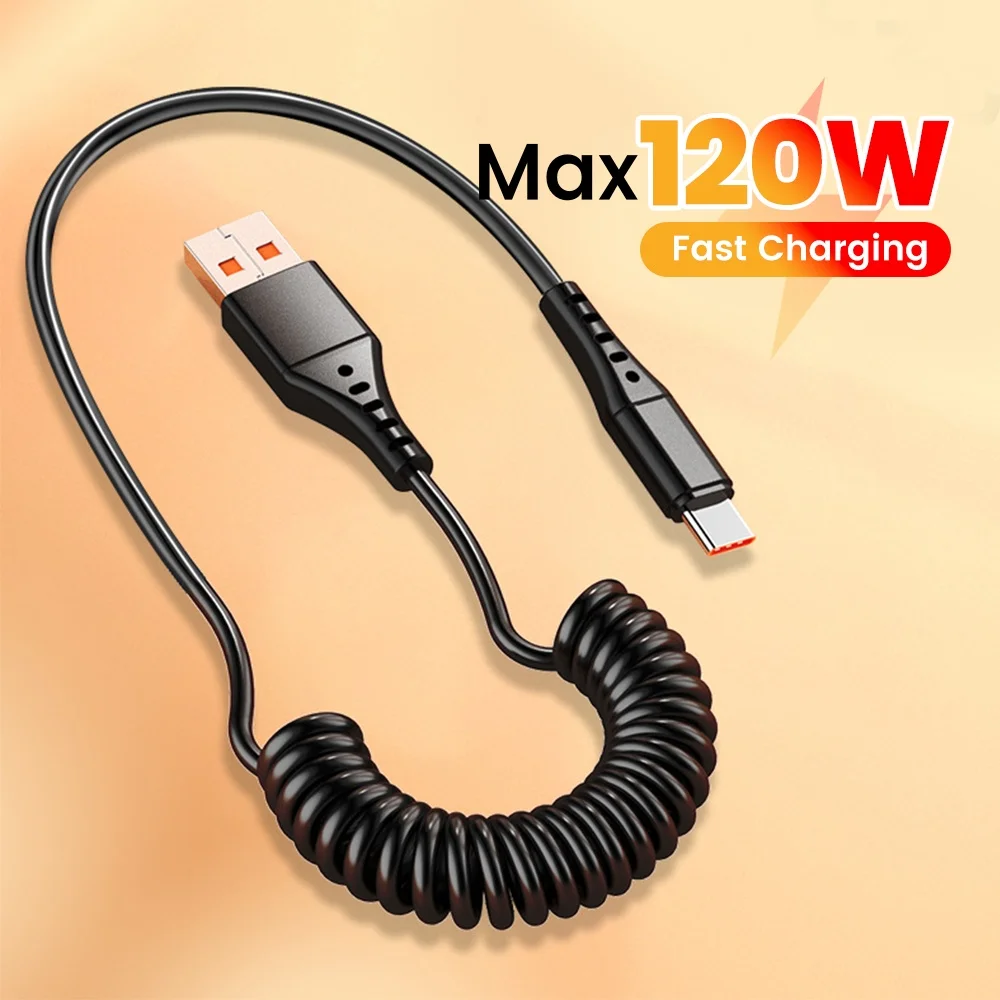 120W USB A to Type C Fast Charge Spring Cable Telescopic Car Phone Charger Data Cord For iPhone 17 16 Samsung Xiaomi USB  Cables